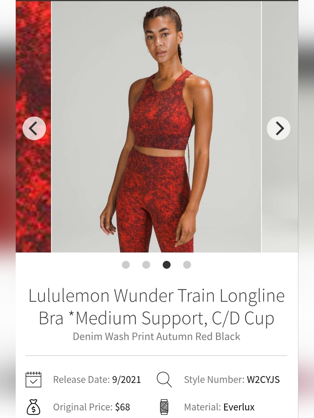 Lululemon Wunder Train LongLine Bra Medium Support C/D Cup Sz 4 Autumn Red Black